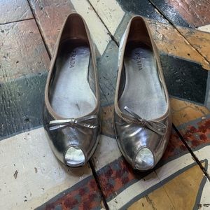 Silver Prada Peep Toe Flats